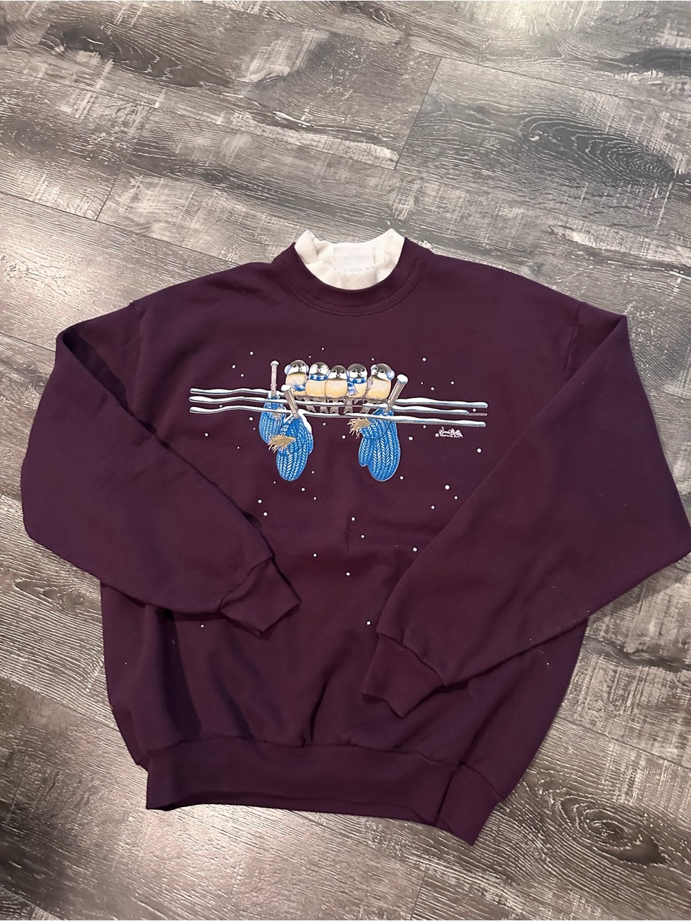 Women’s Turtleneck Sweatshirt - Plum with Blue Bird Motif